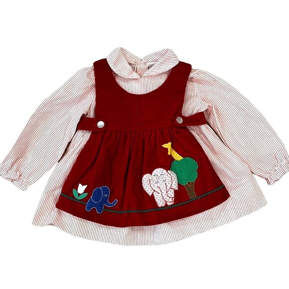Vintage Zoo Animals Elephant Pinafore Corduroy Dress 12 Months Baby Girls Red - Picture 1 of 10
